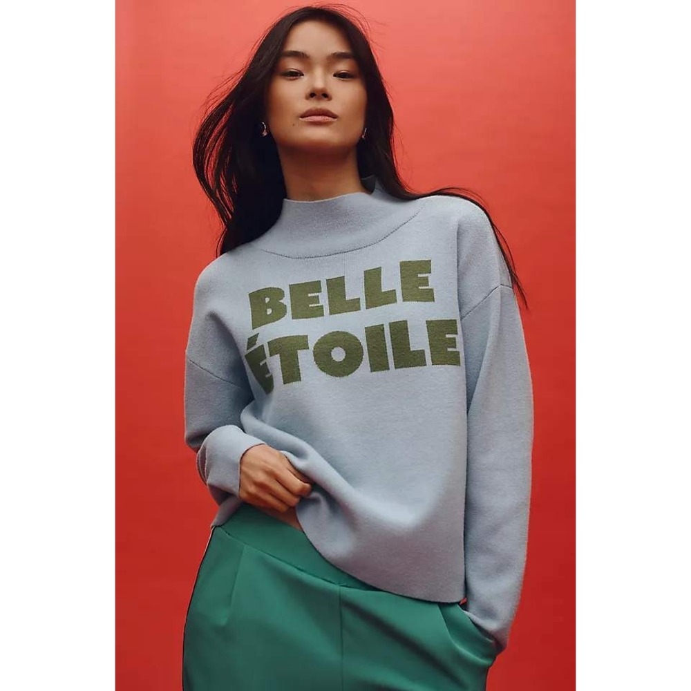 Maeve Anthropologie Belle Etoile Blue Mock Neck Graphic Sweater XS